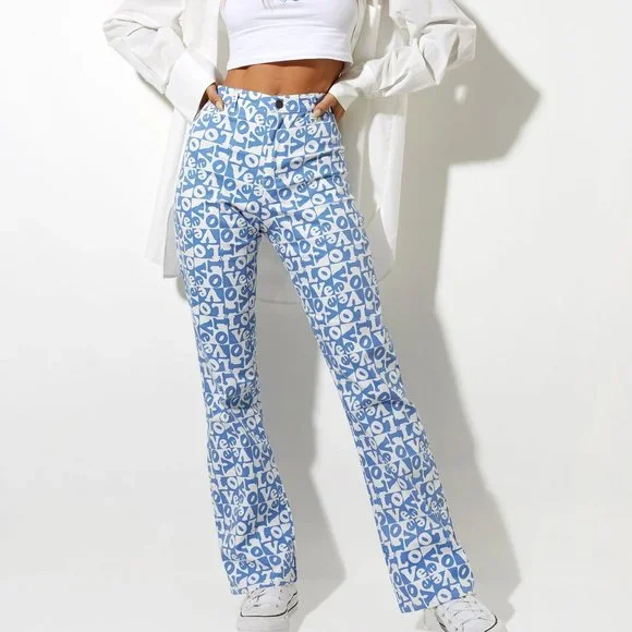 MOTEL ROCKS BLUE AND WHITE LOVE PRINT HIGH WAIST TROUSERS